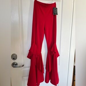 Threads & Trends Red Flare Pants with Ruffle Detail